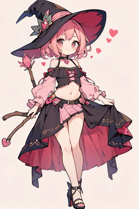 High resolution, masterpiece, Anatomically correct, Best Quality, One girl, smile、Blushing、Short Hair、Large, wide eyes、Pink Hair,Choker、Heart symbol、Simple Background、Shoulders stick out、I can see your belly button、Thighs、mini skirt、High heels、witch、dress