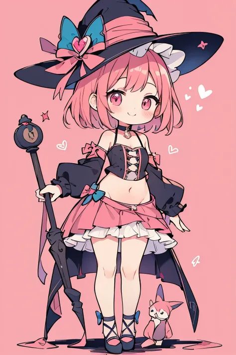 High resolution, masterpiece, Anatomically correct, Best Quality, One girl, smile、Blushing、Short Hair、Large, wide eyes、Pink Hair,Choker、Heart symbol、Simple Background、Shoulders stick out、I can see your belly button、Thighs、mini skirt、High heels、witch、dress