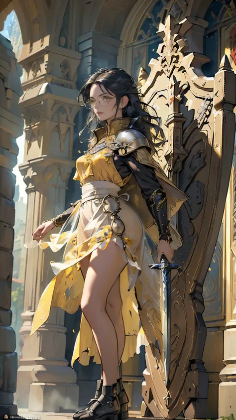 (((((middle age woman))))), masterpiece, ultra detailed, 8k portrait, RAW photo, portrait photography, highly detailed face, ((Fantasy)), 1 woman, solo, (((female knight))), (((standing))), (((((pussy odor))))), 3, (((((tall))))), (((small eyes))), glasses...