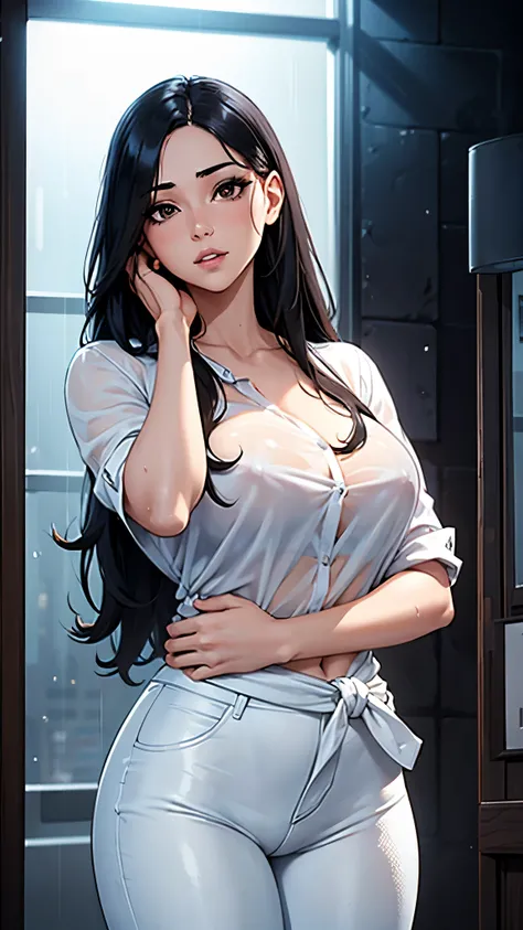 8K, high quality, animation, married woman, fair skin, beautiful face, small face, clean, bright, emphasis on eyes, sexy, super big tits, beautiful line drawing. Black Hair, White Skin, Brown Eyes, 1 Girl, Solo, Long Hair, (Bust), Shirt, Black Hair, White ...