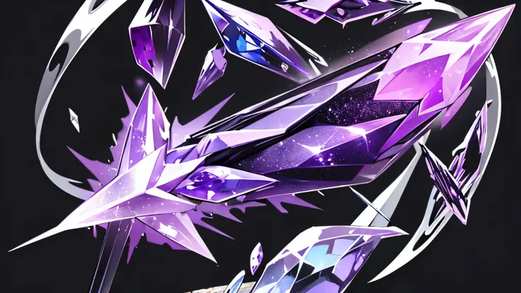 A transparent crystal with a mixture of black and purple color overall.、Sharp needle-shaped crystals