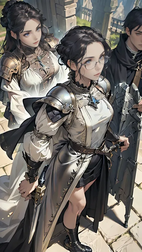 (((((middle age woman))))), masterpiece, ultra detailed, 8k portrait, RAW photo, portrait photography, highly detailed face, ((Fantasy)), 1 woman, solo, (((female knight))), (((standing))), (((((tall woman))))), (((small eyes))), glasses, (((straight black...