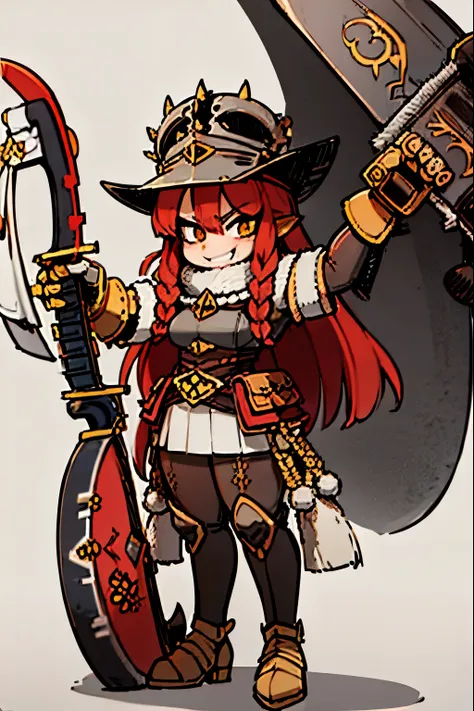 Ultra-detailed, Best Quality,low length,Chestnut Hair,(Giant Battle Axe:1.5),Fur coat,Carry a weapon,ho ears々laughing out loud,Transistor Grammar,Fur hat,One Girl,Rabbit motif head ornament,Arms crossed,Knight,Two big braids,Leotard inner,Gauntlet,Furry bo...