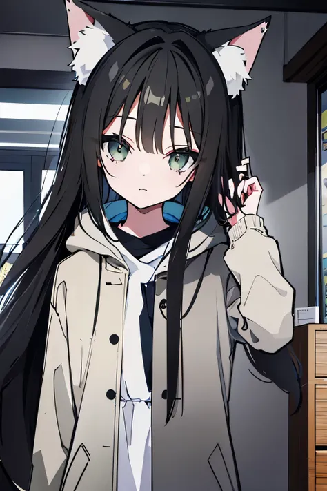 Her hair is long and black and a little messy.、The left eye is covered by hair。She has cat ears on her head、girl。Eyes are dark green。What to wear、He is wearing a light grey coat。