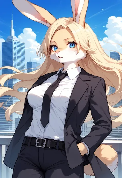 score_9, score_8_up, score_7_up, score_6_up, score_5_up, score_4_up, source_anime, best quality, amazing quality, very aesthetic, absurdres, 1 female, (furry, kemono:1.3), rabbit, solo, blue eyes, blonde hair, necktie, shirt, long hair, pants, outdoors, ha...