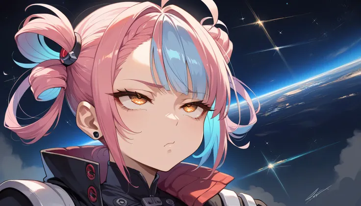 mature girl, huge boobs, sexy body, wearing punk outfit, streaked hair, colored inner hair, light blue hair, pink hair, ahoge, asymmetrical hair, hairpods, rolling eyes, blank eyes, eye reflection, half-closed eyes, gradient eyes, amber eyes, sleepy, bored...