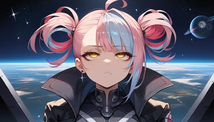 mature girl, huge boobs, sexy body, wearing punk outfit, streaked hair, colored inner hair, light blue hair, pink hair, ahoge, asymmetrical hair, hairpods, rolling eyes, blank eyes, eye reflection, half-closed eyes, gradient eyes, amber eyes, sleepy, bored...