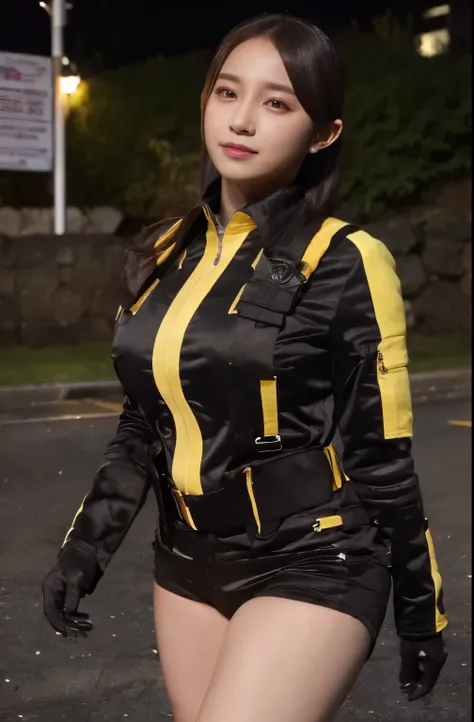 (Very realistic), (Best Quality), ((round, Small and precise face)), Glowing Skin, Glowing Skin,Wide Hips,Chubby,Healthy Body,Yokozaki beauty々,Black gloves,clock,iris,short Shorts,black Shorts, Short boots,,jacket,Shorts, Black Hair,Short Hair,Big Breasts,...