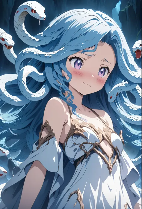 (masterpiece:1.2), (Best Quality:1.2), Ultra-high resolution, Very detailed, Medusa Girl, (Snake Hair:1.5),Blue Hair,Otherworldly fantasy, cute, Digital anime art,Anime style illustration,Anime illustration,Long Hair, Snake details, wavy mouth, blush