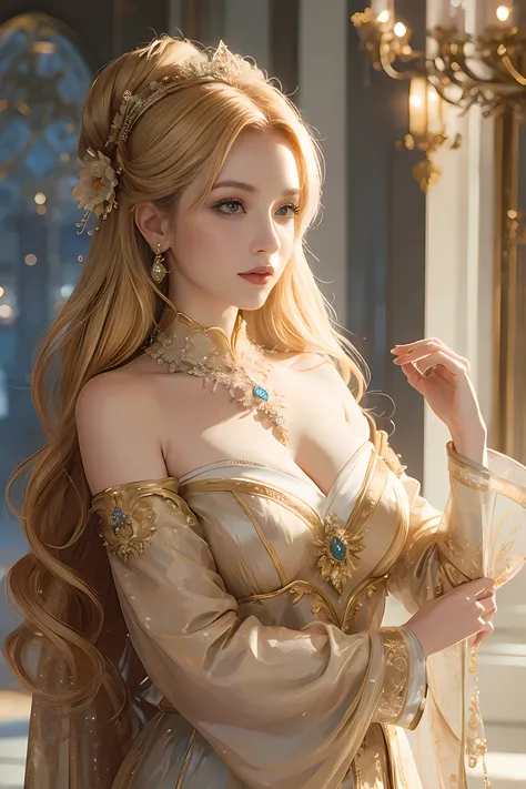 Masterpiece，Highest image quality，The beautiful breasts of the royal women，Soft blonde hairstyle，Adorned with exquisite ornaments，Superb detail rendering upscaled。