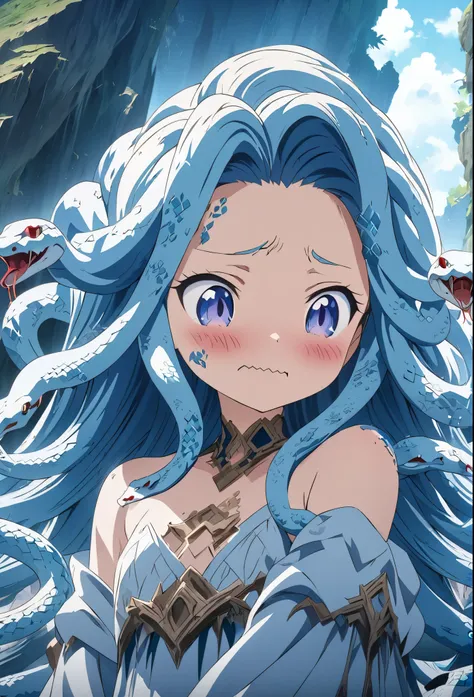 (masterpiece:1.2), (Best Quality:1.2), Ultra-high resolution, Very detailed, Medusa Girl, (Snake Hair:1.5),Blue Hair,Otherworldly fantasy, cute, Digital anime art,Anime style illustration,Anime illustration,Long Hair, Snake details, wavy mouth, blush, 焦るヘビ