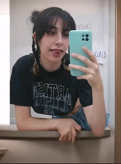 arafish girl taking a selfie with her phone in a bathroom, 1  goth girl, selfie of a young woman, goth girl aesthetic, charli bowater, charli xcx, grunge aesthetic!!! (, very very low quality picture, grunge aesthetic!!!, huge earrings and queer make up, k...