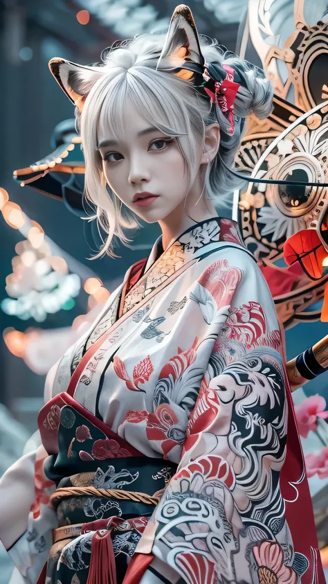 Image of a female warrior with short white hair, Clothing colors are black and white only, samurai kimono, karate, white lotuses, cry,, Character Portraits, Fantasy art, The background is a Japanese mountain shrine in winter, Cyberpunk shrine maiden with f...