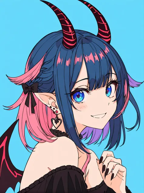 masterpiece,best quality,1girl, upper_body, solo, grin, smile, blush, blue_eyes, horns, earrings, ear_piercing, jewelry, bangs, braid, streaked_hair, multicolored_hair, pointy_ears, off_shoulder, black_nails, demon_wings, looking_at_viewer, blue_background
