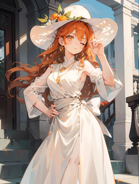 Light and shadow hit the face，Super detailed, The best、The best、Super detailed、(masterpiece:1.2),Orange eyes, jewelry,  white dress, pendant, earrings, hat, Standing, Put your hands on your waist, one eye closed, outdoor