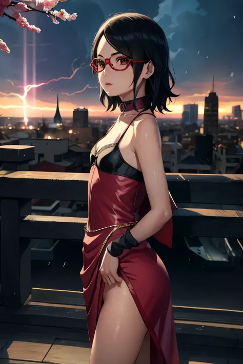 Sarada Uchiha ((average, , small head)), (perfect body: 1.1), (short wavy hair: 1.2), silky black , collar, current, full body in frame, crowded city, luxurious sheer silk lingerie ), (Very elaborate CG 8K wallpaper), (very delicate and beautiful), (master...