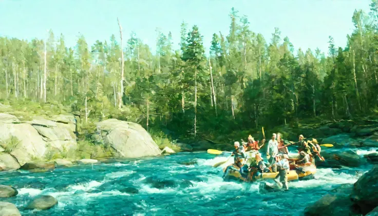 many people are rafting on the river, Thresholds, river Thresholds, white water Thresholds, author: Veikko Tormanen, Eero Järnefelt, wide film yet, the film has been shot, picturesque full shot, Crossing the river, On a floating stone island, Boreal Forest...