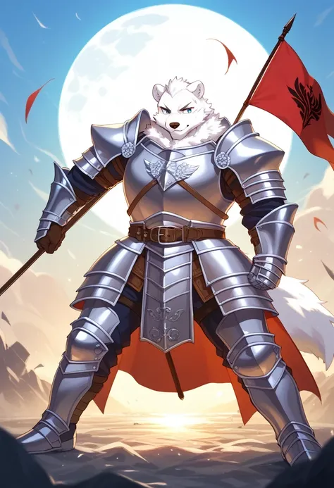 score_9, score_8_up, score_7_up, score_6_up, score_5_up, score_4_up, source_anime, best quality, amazing quality, very aesthetic, absurdres, 1 male, (furry, kemono:1.3), polar bear, A heavily armored knight with a massive shield bearing battle scars, stand...