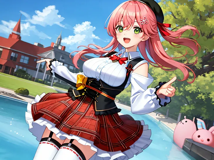 masutepiece, Best_Quality, hight_resolution, miko2,Ponytail, 1girl, Ahoge, black headwear, Hair Ornament, White shirt, black thighhighs, Pink hair, Red_skirt, very_short_skirt, plaid skirts, garter_strap, Collared shirt, hair clips, frilld, Bangs, hair bet...