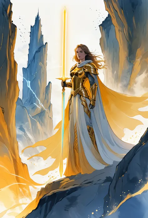 1 female paladin，Standing on the edge of a cliff，Gold Armor，Huge glowing energy sword，Fluttering cloak，Minimalism，Hand-drawn，Smooth lines，Ink background
