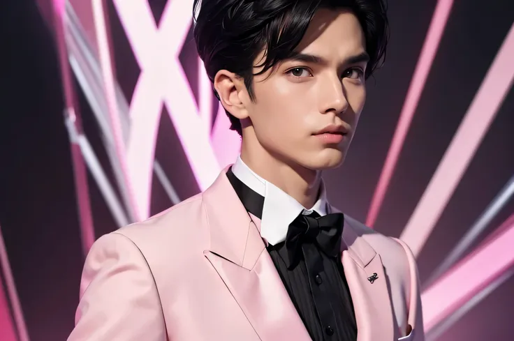 Short cut　Black Hair　Adult male　Fierce　　All pale pink tuxedo　All clothing is light pink　　　　 Man and Man　latex　　Background Universe　Bulge