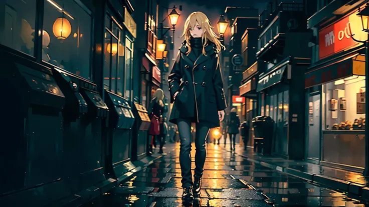 blond girl walking in night street in city, black jeans, black coat, cozy night