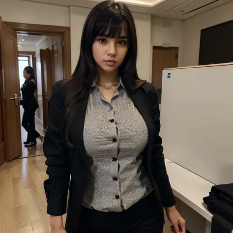 a beautiful young government office worker, sexy figure, wearing thick clothes, button-up shirt, long straight black hair with bangs, detailed beautiful eyes, luxurious, blazer, long pants, confident and powerful expression, government office setting