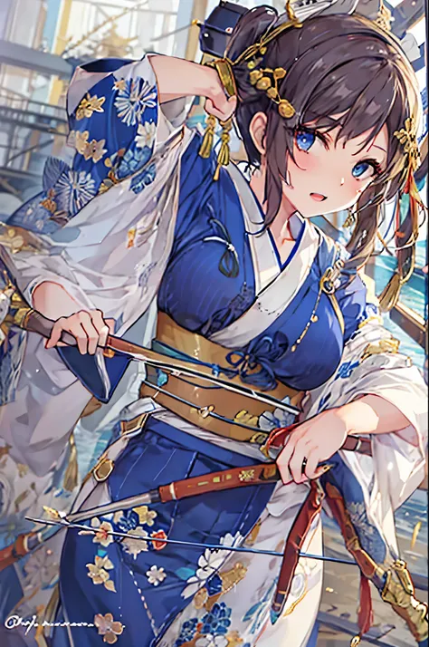 Kaga(Fleet Collection),highest quality, masterpiece, High resolution,kimono,blue skirt,side ponytail,big_breasts,solo,Japanese_bow&arrow,dynamic_posing,half_eyes,solo,plump,