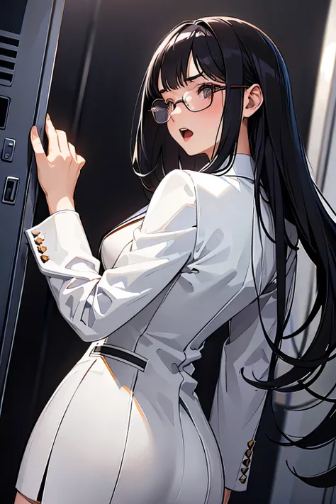 (highest quality:1.2), a 14-years-old girl is crouching at the server room, Blush with embarrasment, from back view, a photorealistic cute girl, looking very young, childish face, European face,scared face, childish face with no confidence,  large eyes wit...