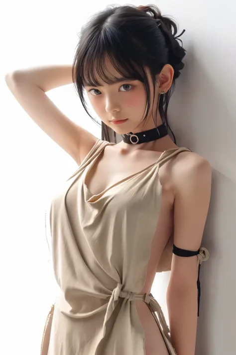 (beautiful girl) ,masterpiece, High quality CG, Best Quality, One girl, ((Slave clothes with large side slits ,restrained) ,thin slave clothes ,side tie slave clothes ,Slave clothes with a simple structure　,The waist is tied with thin twine) ,flat chest ,B...