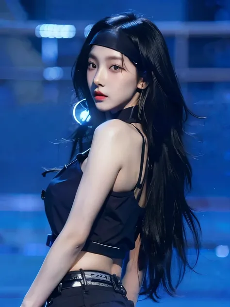 1 girl, korean girl, Karina Aespa, long messy hair, (wearing black bandana, black outfit, belt), white skin, pale skin, thin face, lying silkworm, in the show, black eyes, ((high res, ultra detailed, photorealistic) 