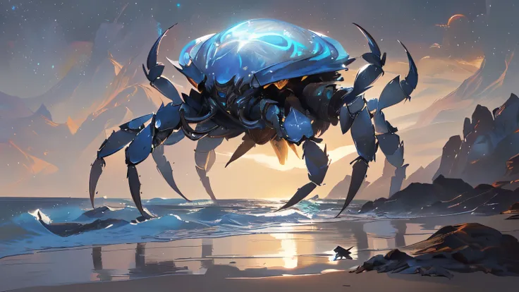 there is a crab standing on the beach near the water, titan hermit crab, magic the gathering card art, hahaha, symmetrical epic fantasy art, Realistic fantasy illustration, crab monster, illustration concept art, concept art illustration, epic fantasy card...