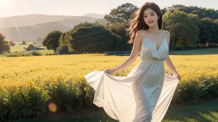 "Enveloped by the warm embrace of a sunlit meadow, a beautiful woman stands, her smile a radiant invitation. Her attire is simple yet captivating—a flowing sundress that cascades in gentle waves, accentuating her curves with each playful gust of wind. The ...