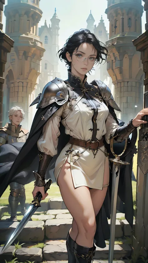 (((((middle age woman))))), masterpiece, ultra detailed, 8k portrait, RAW photo, portrait photography, highly detailed face, ((Fantasy)), 1 woman, solo, (((female knight))), (((standing))), (((((tall woman))))), (((small eyes))), glasses, (((straight black...