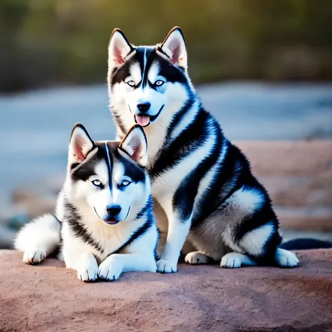 a friendly siberian husky sits on all fours, looking directly at the camera with his lively, blue, friendly eyes as he appears t...