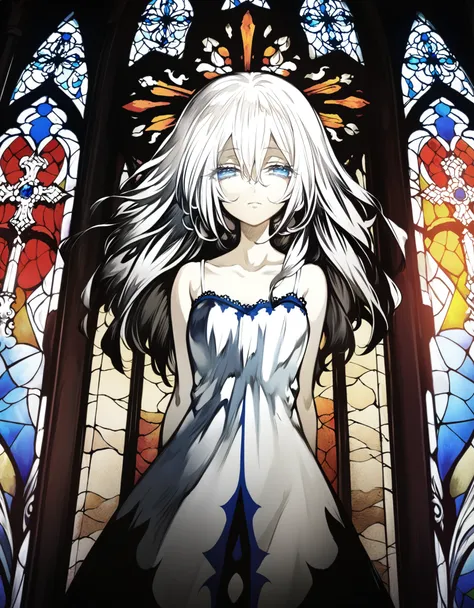 1girl, solo, cowboy shot, Anime Girls, (white long camisole), pale skin, albino, white long hair, half closed eyes, blue eyes, perfect anatomy,
Anime Girls, dutch angle, acrobatic pose, Gloomy painting style, church, stained glass
Score_9,Score_8,score_7_u...