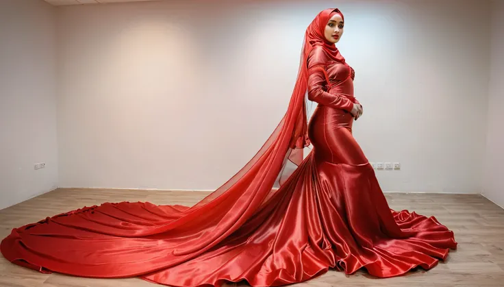 woman shrouded in a 10-meter-long, plush red semi transparent satin shimmer cloth,tightly bound and grandly draping along the fo...