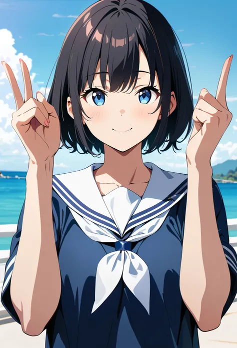 8k,Best Quality,(Anime Style),Ultra-high resolution,One Young Woman,Droopy eyes,Well-formed fingers,Black Hair,blue sky,smile,(Sailor suit),Perfect body,Perfect Fingers,Beautiful Skin,gravure,Detailed face and skin texture,RAW Photos