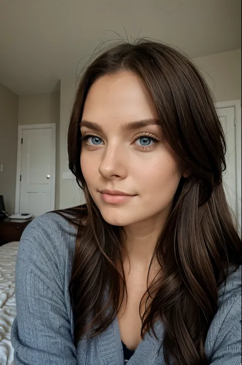 A beautiful youg Caucasian woman, long brown hair, grey-blue eyes, in a bedroom