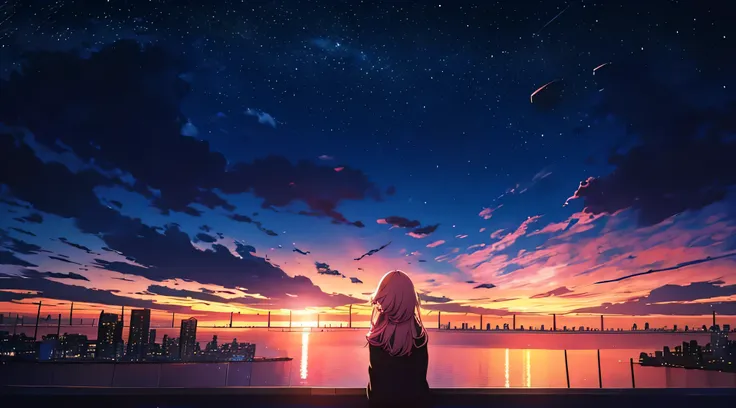 in the roof of a high school during a night with a lot of stars, a girl in a japanese  is looking at the night sky filled by a l...