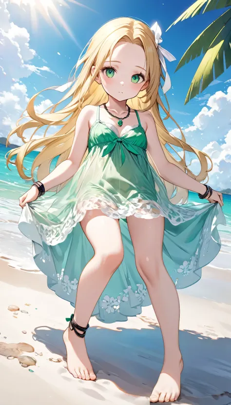 1girl, the girl is child, blonde hair,  long hair, forehead, Sexy Bra, sexy panty, White ribbon on chest、black bracelet, thighs, barefoot, necklace, Sparkling green eyes, Transparent white skin、(Bored look)、Detailed Pretty Dresses, (Angle from front and be...