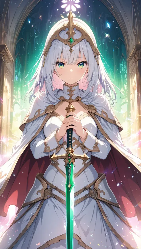 (masterpiece: 1.2), (Very detailed: 1.2), (Very detailed CG: 1.2), (high quality: 1.2), (最high quality), 8k, Anime illustration, Holy Knight、White Armor、White helmet、Beautiful cloak、Hold the sword in front of your face with both hands,Rin々Beautiful face,Em...