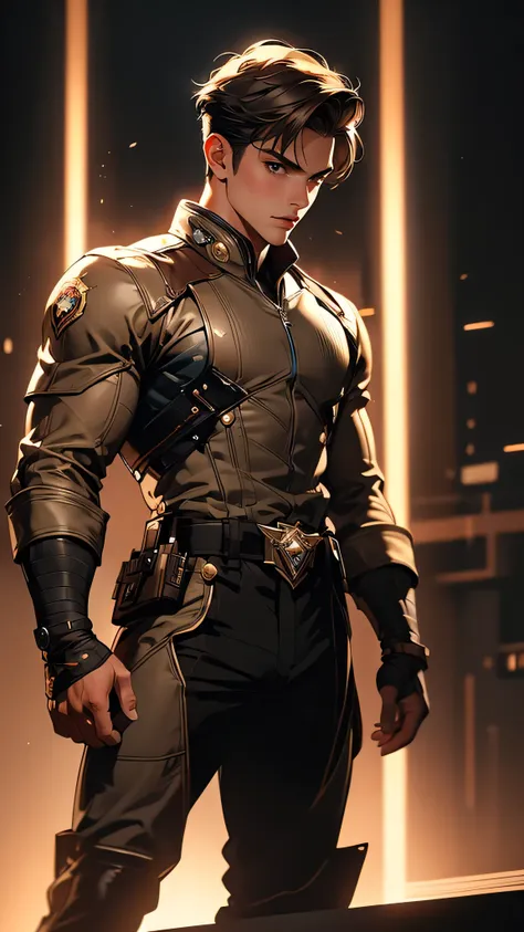 ((masterpiece)), envision a 8k, highres, cinematic, semi realistic, detailed, full body pinup of a strong young man, strong face...