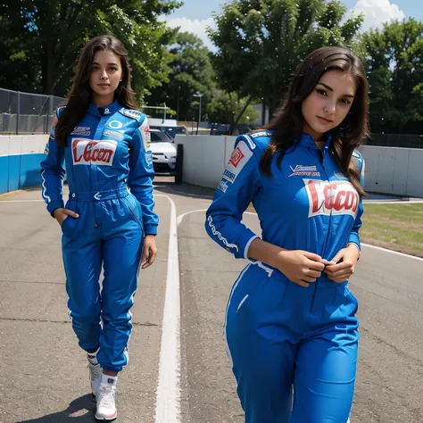 Beautiful teenage girl, Put on racing gear, Jumpsuit, Car racing track, Beautiful eyes with details, Plump milk, Sexy figure, Full body