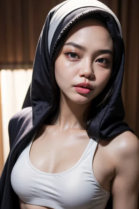 ((Sad Face Expression)), (THICKLIPS:1.47), ((FLAT CHEST)), ((HALF BODY PORTRAIT)), Natural photography of Indonesian Woman, ((wearing Sport Bra Satin Pattern)), leaning over, (Any Long Hijab Stylish), normal bust, showing bust, locks eyes into the camera, ...