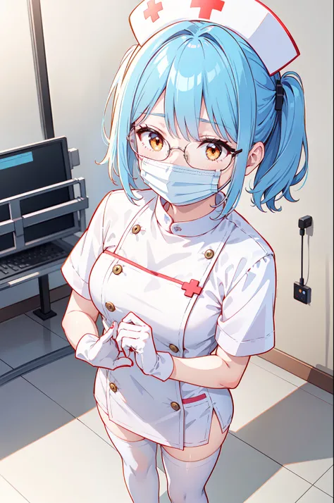 1girl, solo, nurse, nurse cap, white nurse uniform, ((white legwear, zettai ryouiki)), white gloves, glasses, blue hair, orange eyes, ((white surgical mask, covered nose)), standing, ((hospital room)), sharp outline, short sleeves, best quality, masterpiec...