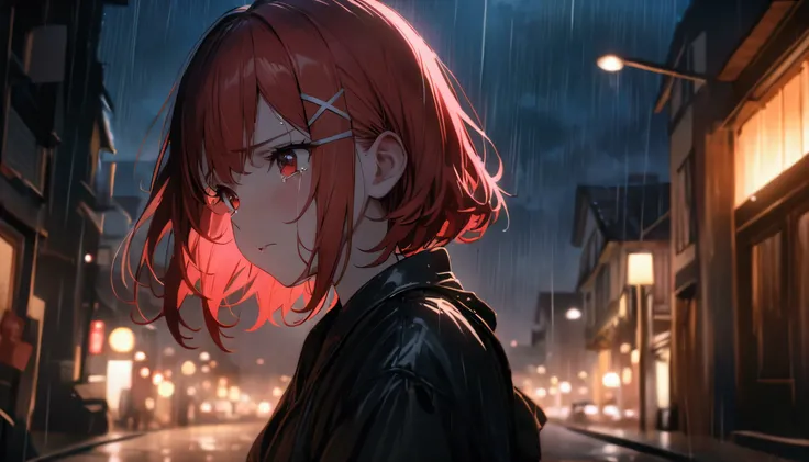 Short Hair, (Red Hair:1.2), X Hair Ornament, Red Eyes,One person,Best Quality, masterpiece, High resolution,highest quality, intricate details, (cinematic lighting), RAW photo, 8k ,high definition detail、night、Town、City、tears、sad、rain、One person、