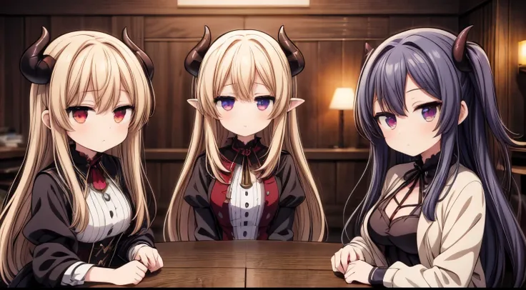 a group of anime girls with different colored hair and costumes, visual novel, ; visual novel, visual novel cg, visual novel sprite, medieval demons, demon anime girl, visual novel key visual, anime visuals, anime vampires, anime in fantasy style, devious ...