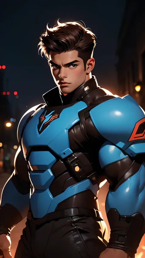 ((masterpiece)), envision a 8k, highres, cinematic, semi realistic, detailed, full body pinup of a strong young man, strong face, mature face, muscular body, short brown hair, blue eyes, dark skin, combat suit, (((1boy))), in dark lighting, against a dark ...