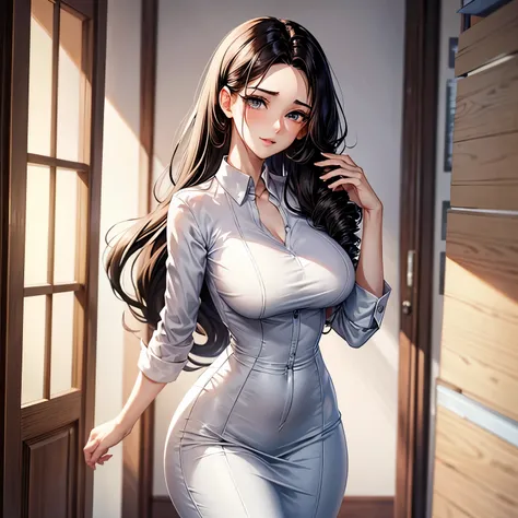 This beautiful teacher is wearing a simple and elegant white shirt，With black slim trousers, Showing off her tall figure and graceful curves. Her long hair, Slightly curly, a faint fragrance emanates. Her facial features are very delicate, Her eyes are bri...